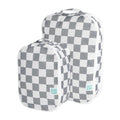 One large and one small bumkins travel packing cube with grey and white check pattern and brand tag visible on white background 