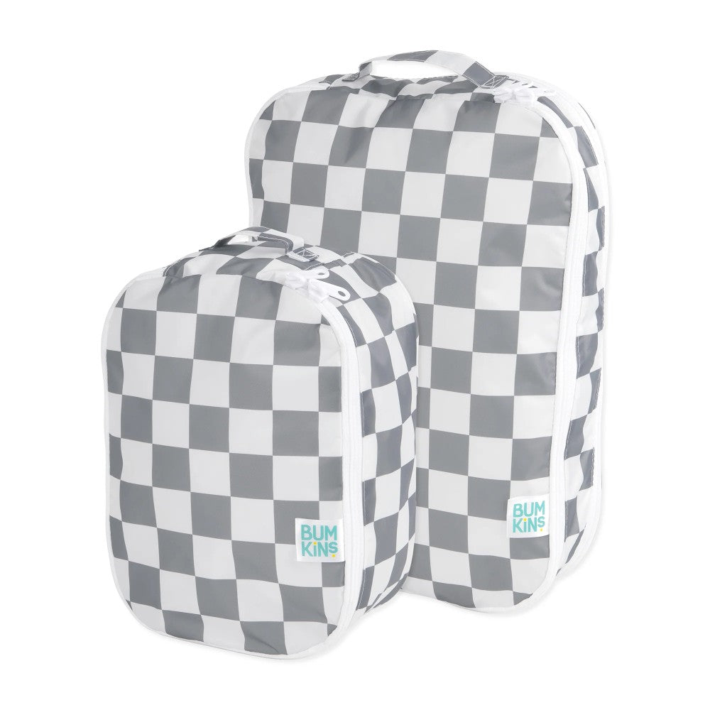 One large and one small bumkins travel packing cube with grey and white check pattern and brand tag visible on white background 