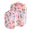 One large and one small bumkins packing cube with pink base and colourful cowboy boot pattern. Small handle on top and white zipper on a white background 