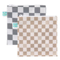 2 Lunch snack bags in beige and grey check design on a white background