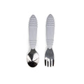 Toddler stainless steel fork and spoon with Grey silicone handle on a white background