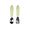 Stainless steel spoon and fork with sage green silicone handles on a white background
