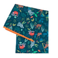  A bunkins splat mat with navy blue background and jungle animal pattern and orange piping on a white background