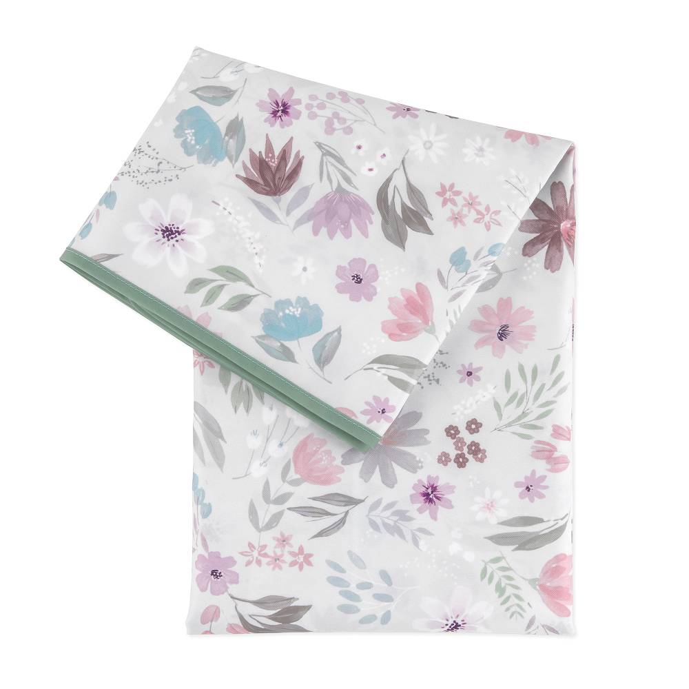 A light grey and floral bumkins splat mat with sage green piping on  a white background 