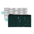 Two rectangle snack bags with bumkins tags. One is grey with white moon phase pattern and a white zip. The other is a dark green with cacti, moon and grasses pattern and black zipper 