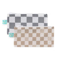 Two rectangular snack bags with bumkins tag and white zipper. One is grey and white check and the other is beige and cream check 