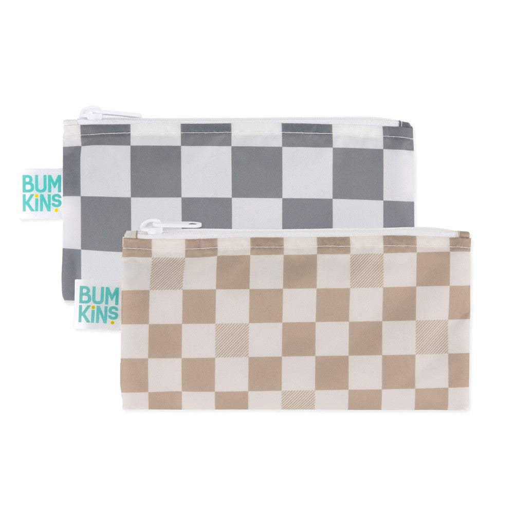 Two rectangular snack bags with bumkins tag and white zipper. One is grey and white check and the other is beige and cream check 