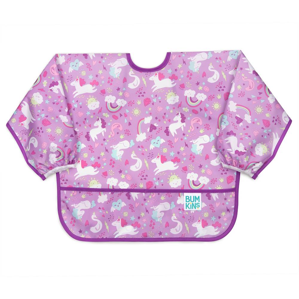 A long sleeve bib with elasticated wrists and front pocket in unicorn pattern and bumkins tag