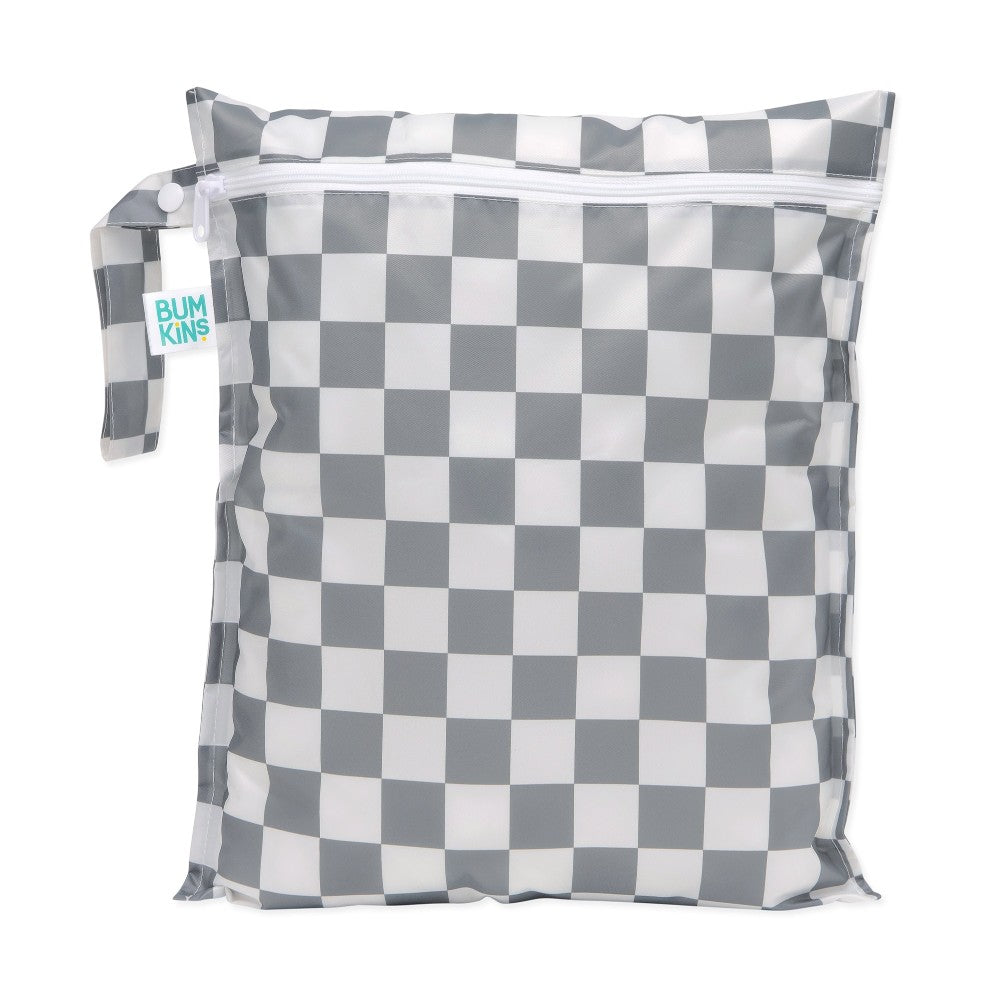 Bumkins wet bag with a charcoal check design on a white background