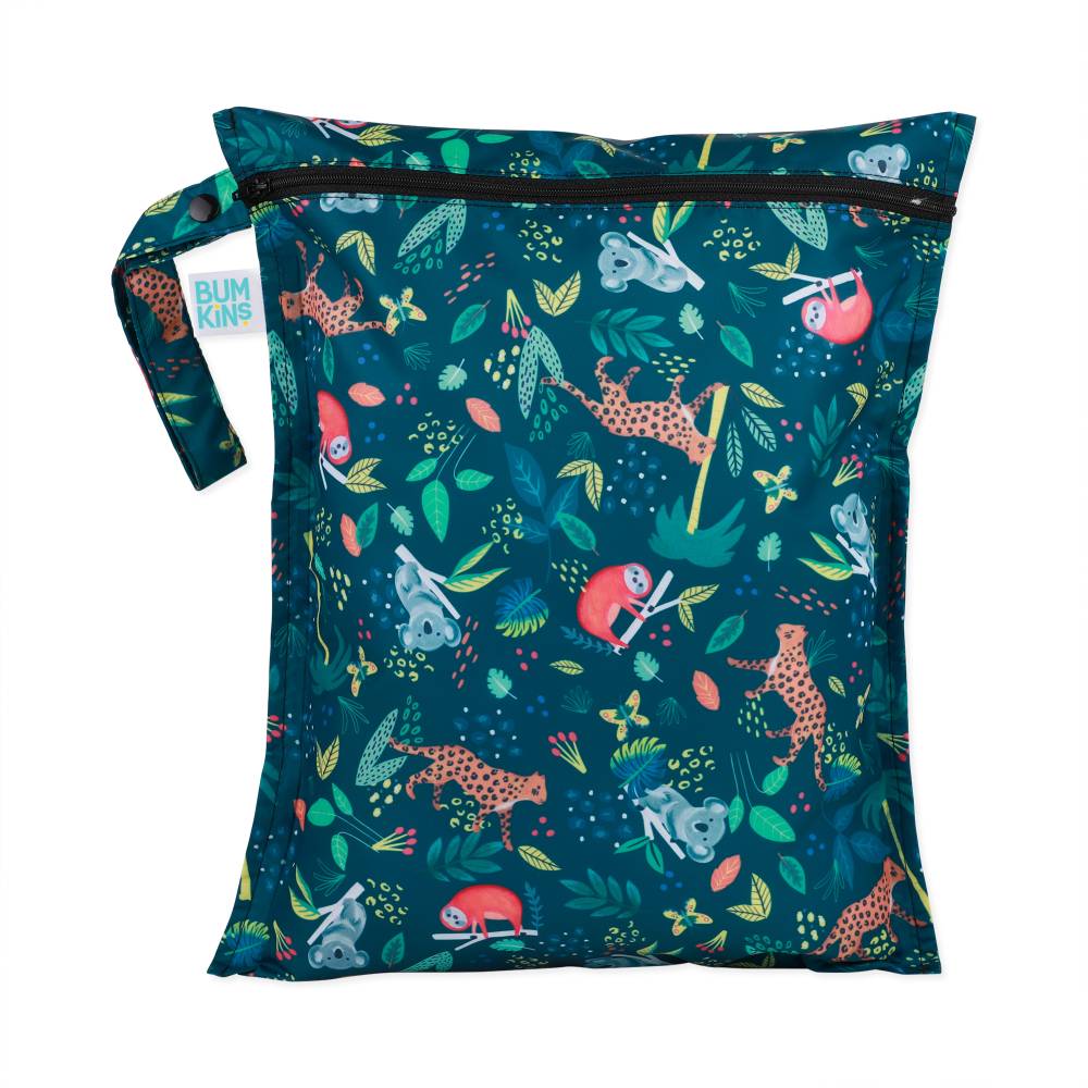 Bumkins wet bag with a jungle design on a white background