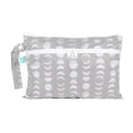 Wet and dry clutch with Grey and white lunar moon phase pattern and visible Bumkins brand tag on a white background
