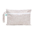 Wet and dry clutch with beige and white pattern and visible brand tag on a white background 