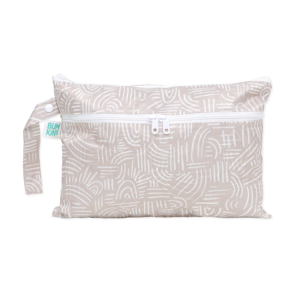 Wet and dry clutch with beige and white pattern and visible brand tag on a white background 