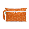 Orange Wet and dry clutch with Yellow line pattern and visible brand tag on a white background 