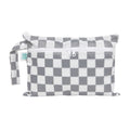 Wet and dry clutch with Grey and white check pattern and visible brand tag on a white background 