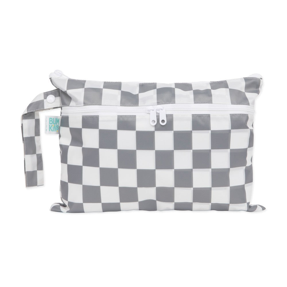 Wet and dry clutch with Grey and white check pattern and visible brand tag on a white background 