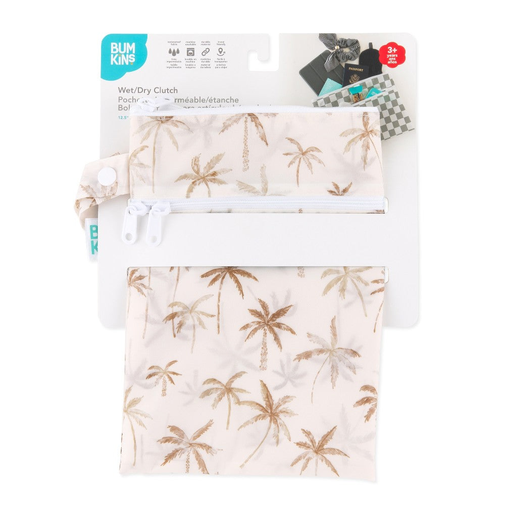 Wet/dry clutch in packaging with palm tree pattern on a white background