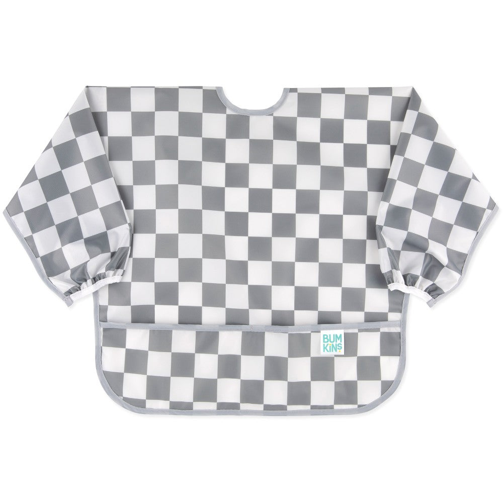 A long sleeve bib with elasticated wrists and front pocket in grey and white check pattern and bumkins tag