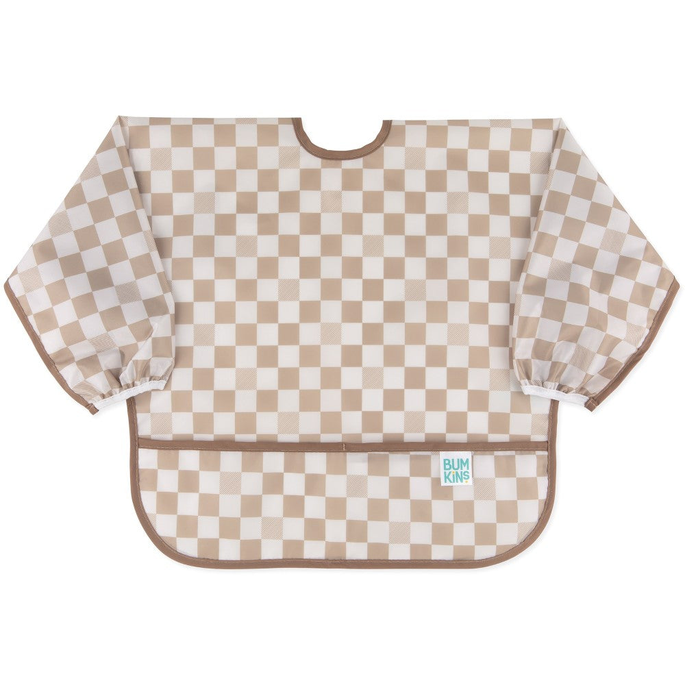 A long sleeve bib with elasticated wrists and front pocket in sand check pattern and bumkins tag