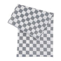A grey and white checkered bumkins splat mat on a white background 