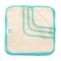 Three reusable cloth wipes with a natural beige cotton body and bright turquoise blue stitched borders. A small white tag on the left pad reads 'BUMKINS'.