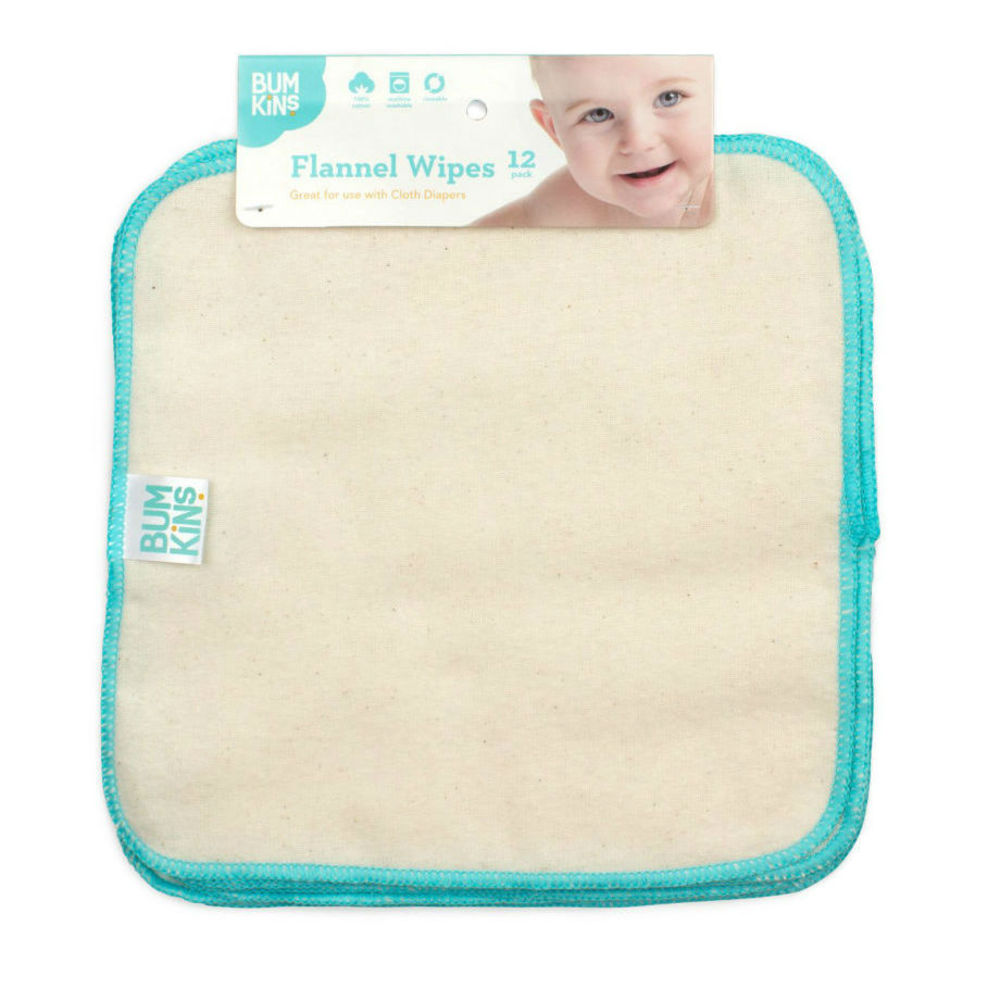 A pack of 12 Bumkins reusable cloth wipes for sensitive skin, featuring natural beige cotton wipes with a bright turquoise blue stitched border.