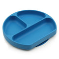 A dark blue bumkins silicone plate with three sections on a white background