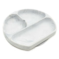A white and grey marble bumkins silicone plate with three sections on a white background 