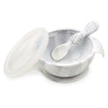 Grey marble Silicone Feeding Bowl with lid and silicone spoon on a white background