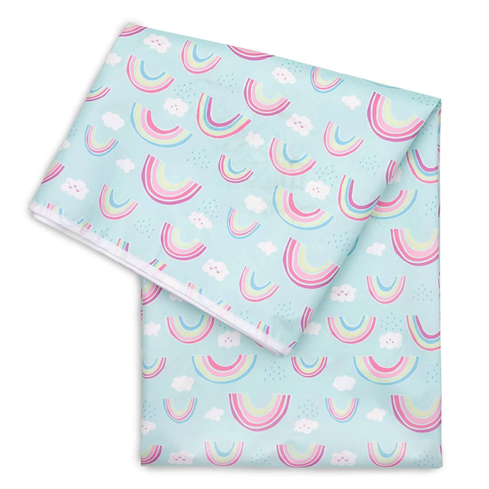 A splat mat with light blue background and pink rainbow pattern with clouds on a white background 
