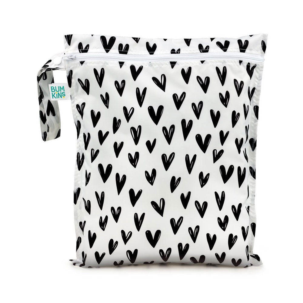 Bumkins wet bag with a hearts design on a white background