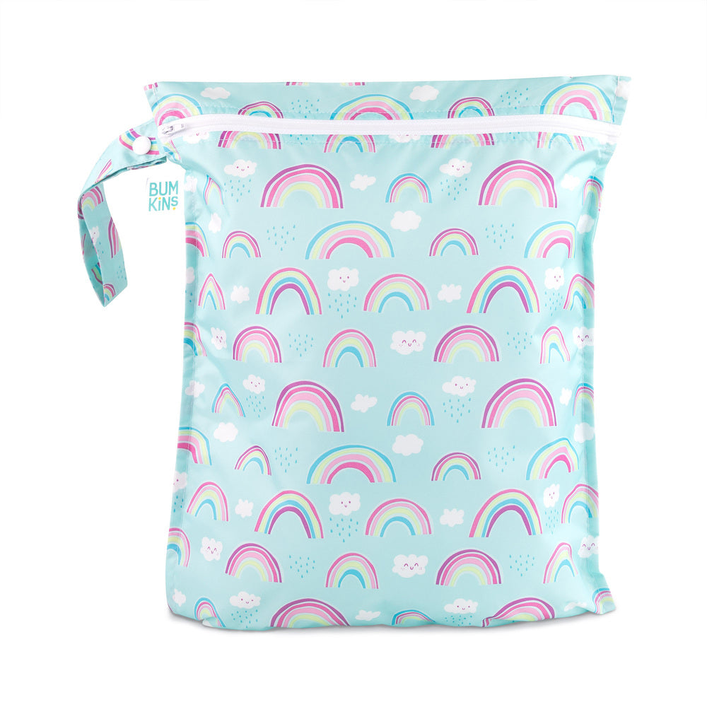 Bumkins wet bag with a rainbow design on a white background
