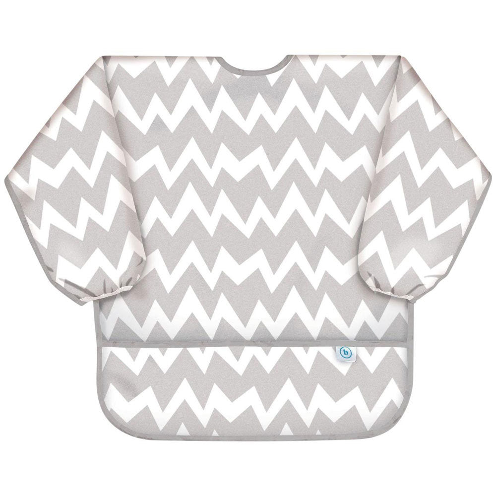 A long sleeve bib with elasticated wrists and front pocket in grey and white chevron pattern and bumkins tag