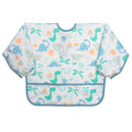 A long sleeve bib with elasticated wrists and front pocket in dinosaur pattern and bumkins tag