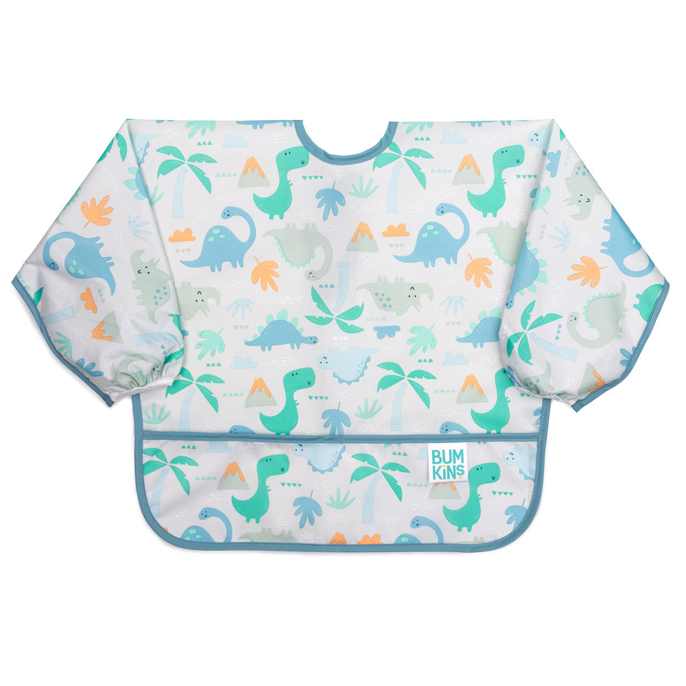 A long sleeve bib with elasticated wrists and front pocket in dinosaur pattern and bumkins tag