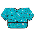 A long sleeve bib with elasticated wrists and front pocket in outdoors pattern and bumkins tag