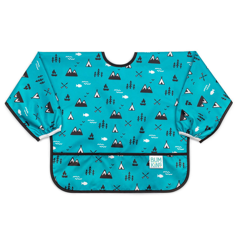 A long sleeve bib with elasticated wrists and front pocket in outdoors pattern and bumkins tag