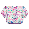 A long sleeve bib with elasticated wrists and front pocket in watercolour pattern and bumkins tag