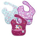 3 waterproof Bumkins bibs in 3 rainbow and unicorn on a white background