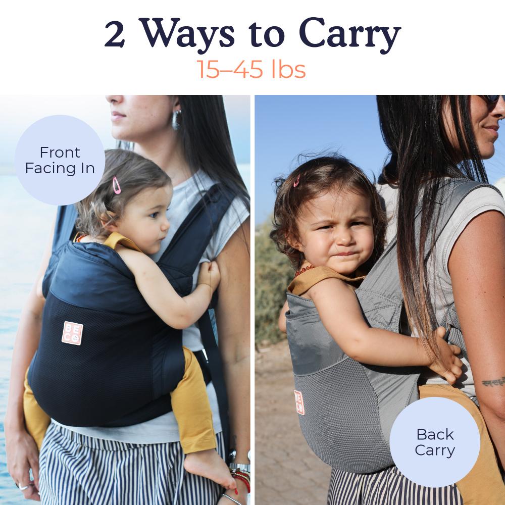 Two images showing a baby carrier with text indicating '2 Ways to Carry' and weight capacity.