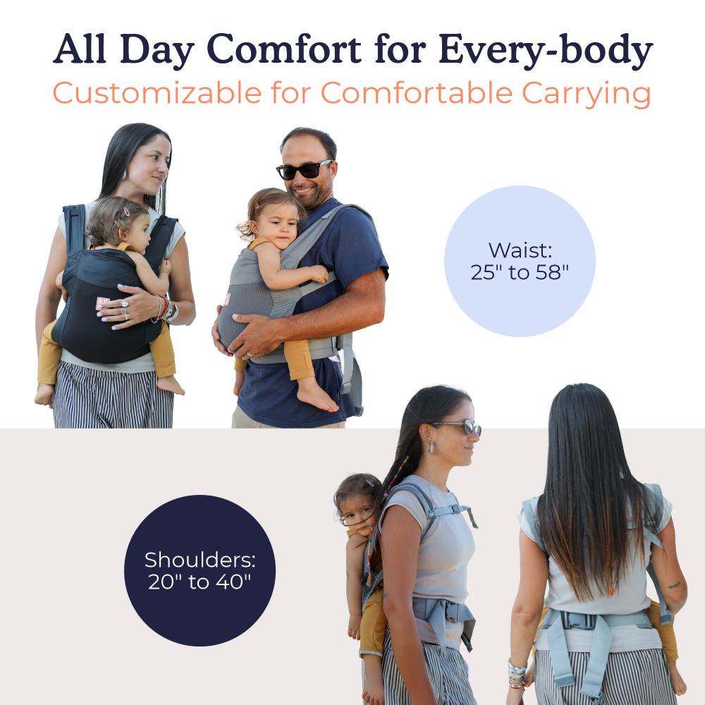 People using baby carriers with text about customizable comfort and size range.