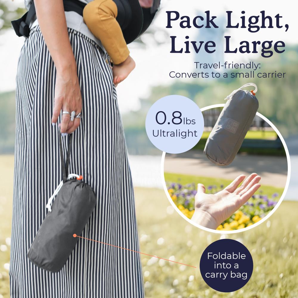 Person holding a small black pack with text about travel-friendly baby carrier, weight, and portability.