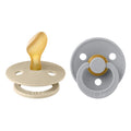 beige and grey anatomical latex pacifier two pack