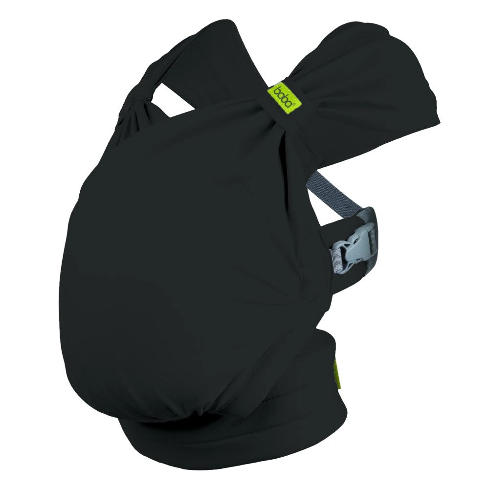 Black Boba Bliss Baby Carrier with a green tag on a white background