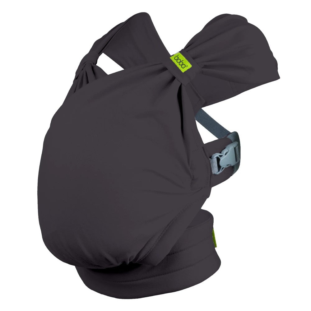Charcoal Boba Bliss baby carrier with a green label on a white background
