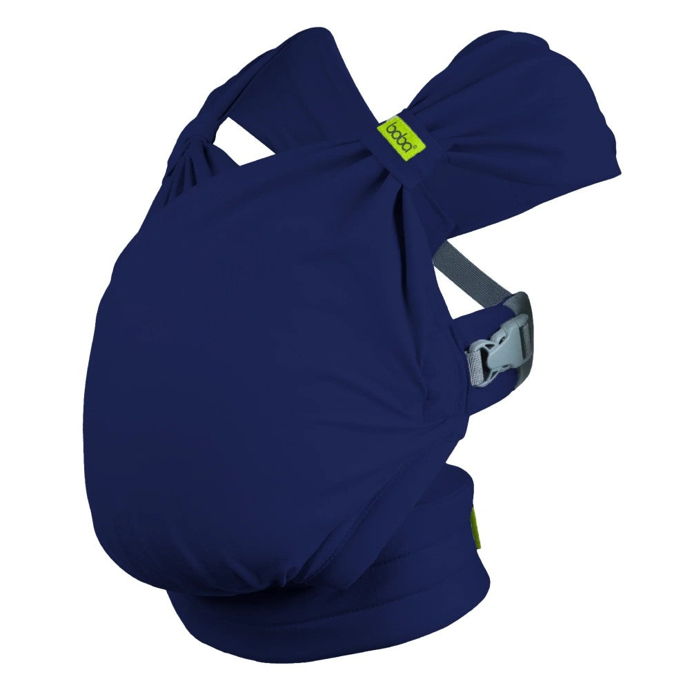 Navy Blue Boba Blissbaby carrier with a green tag on a white background