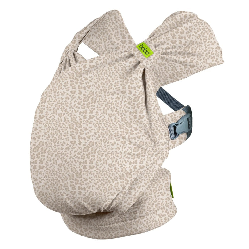 Boba Bliss Baby carrier with a beige animal print pattern on a white background