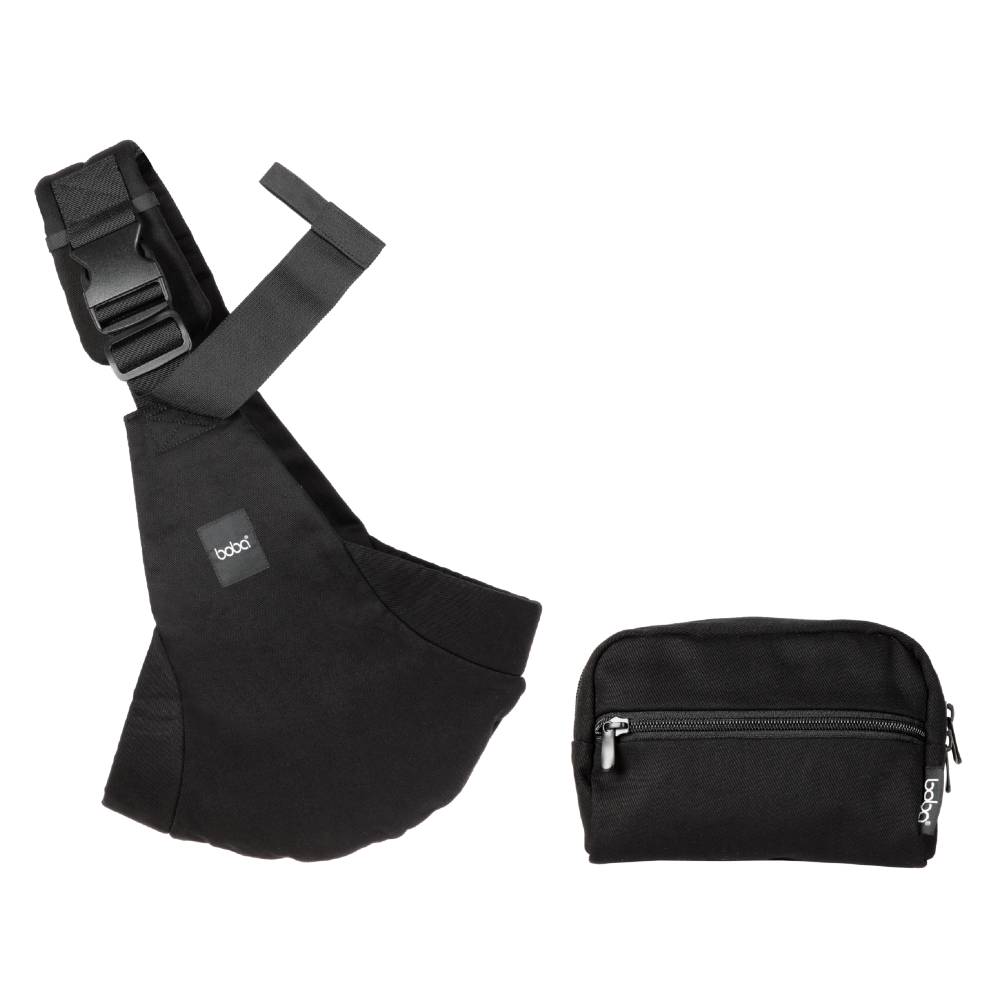 Black shoulder bag and small pouch with visible brand logo on a white background