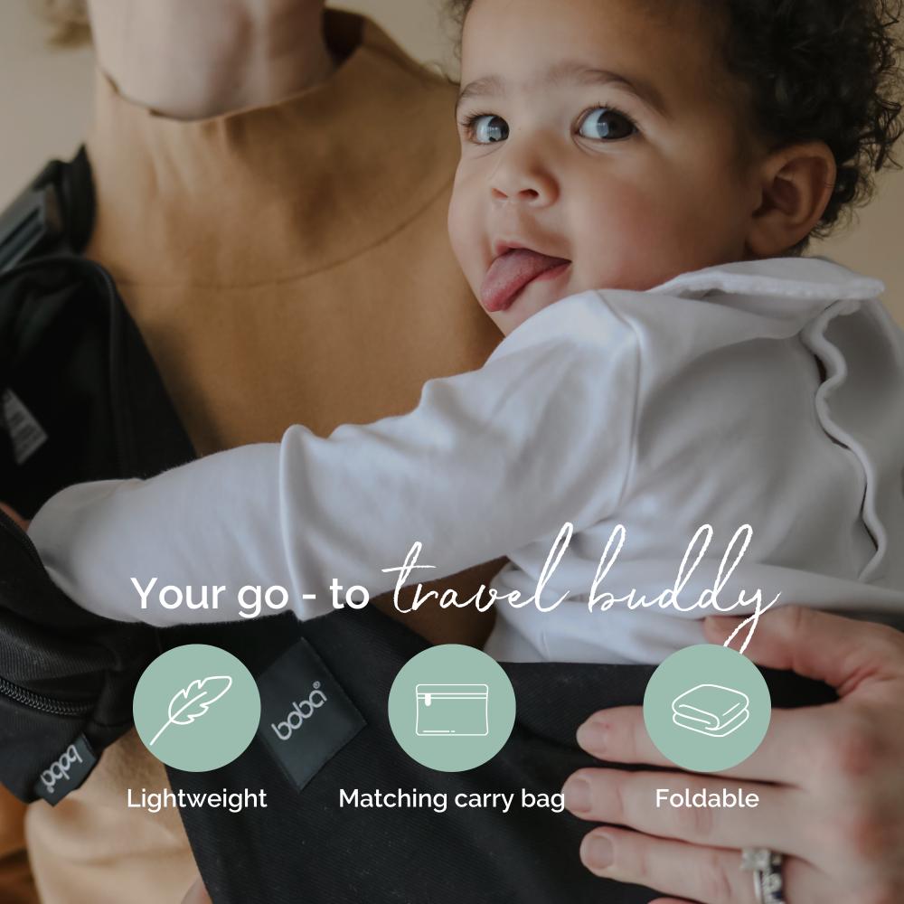 Child in a travel seat with text highlighting features like 'lightweight', 'matching carry bag', and 'foldable'.