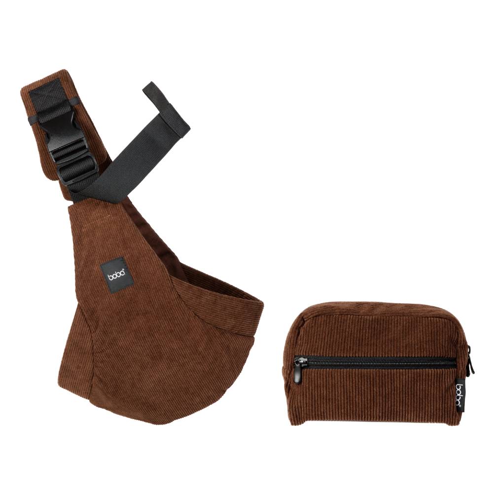 Brown shoulder bag and small pouch with black zippers on a white background
